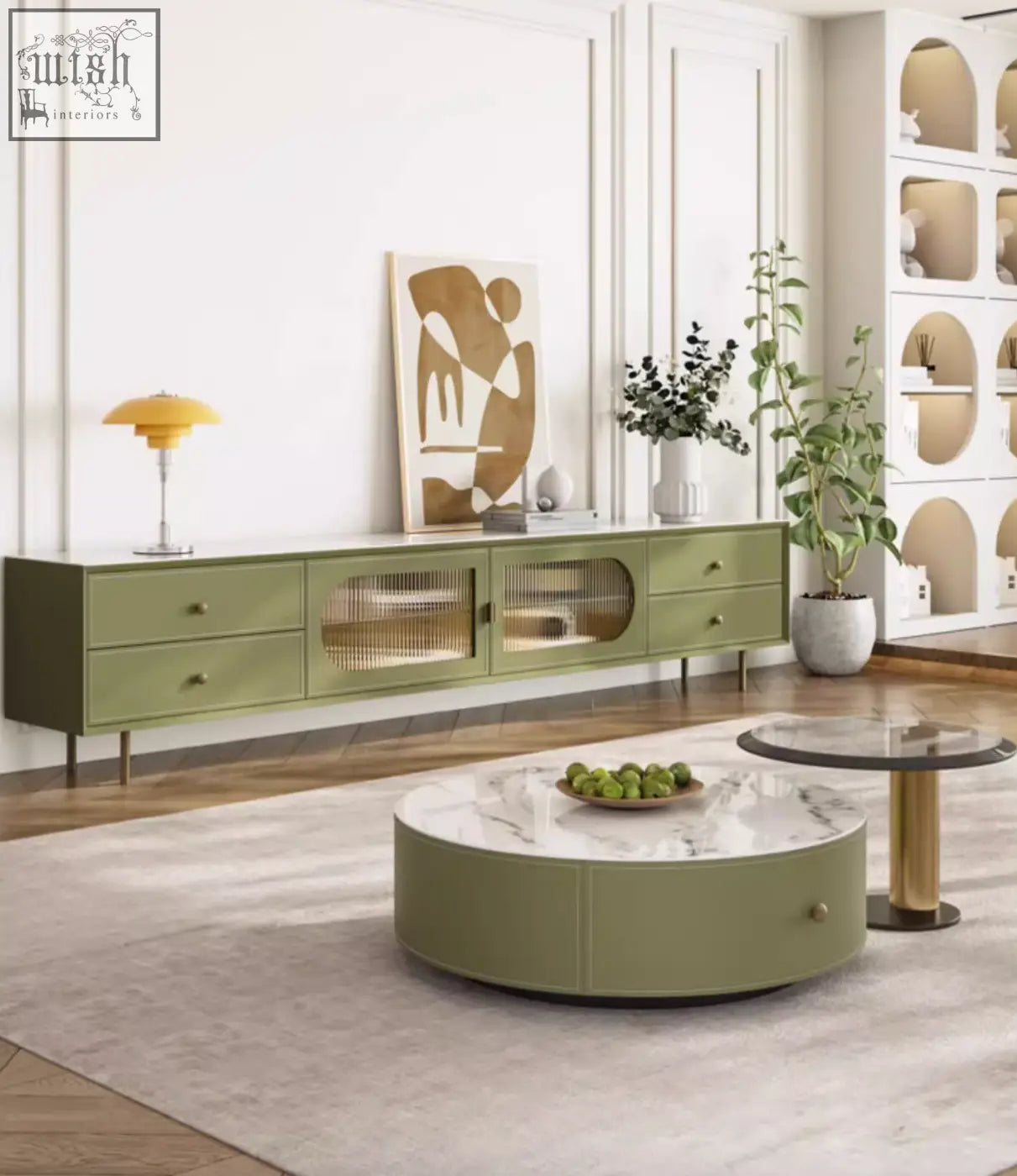 Olive green round coffee table with marble top and gold legs matching adelaide tv stand in pine wood