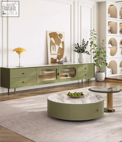 Olive green round coffee table with marble top and gold legs matching adelaide tv stand in pine wood