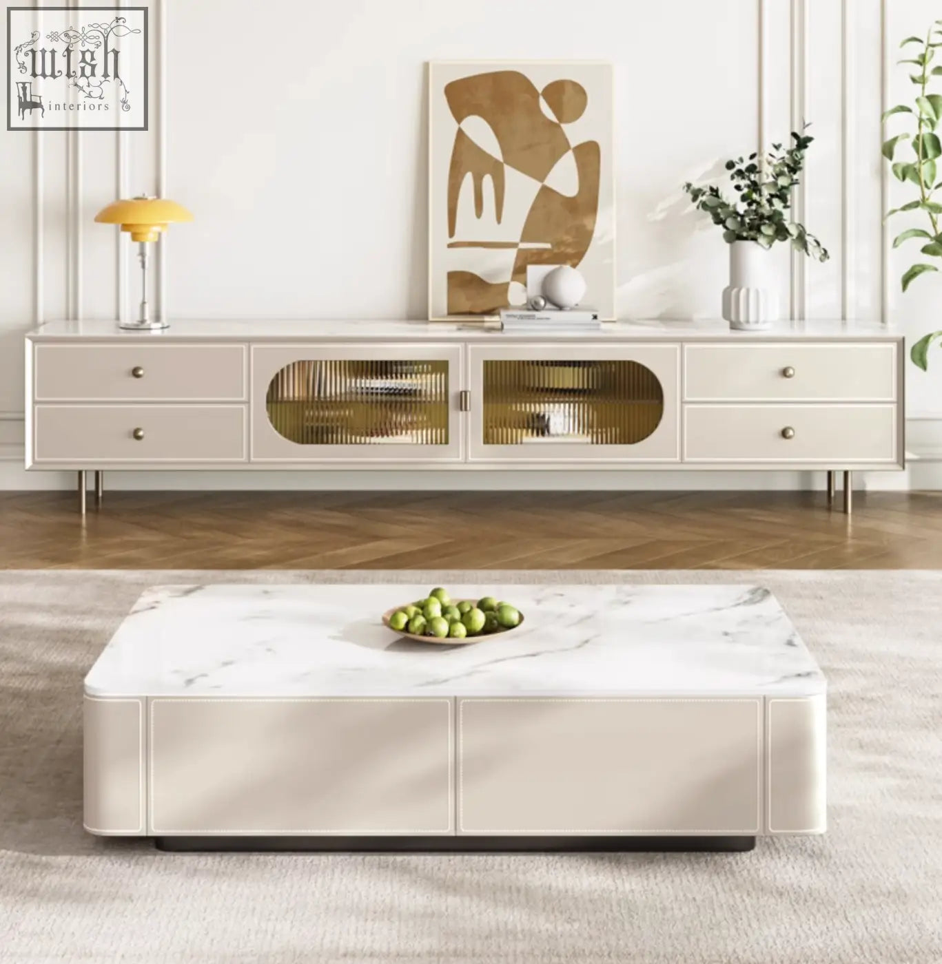 White marble-top coffee table with cream base featuring sleek minimalist design for adelaide tv stand pine wood setup