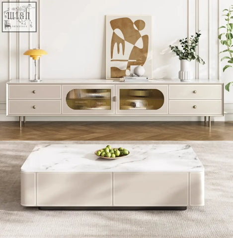 White marble-top coffee table with cream base featuring sleek minimalist design for adelaide tv stand pine wood setup