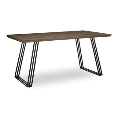Modern dining table with a dark wood top and sleek black metal legs perfect for adele dining setups