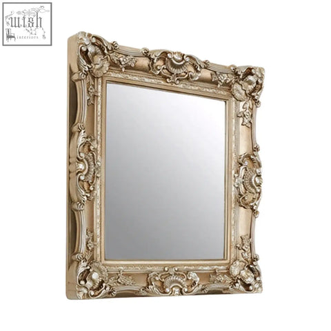 Antique-style adelere ornate wall mirror with champagne finish gilded frame and intricate floral scrollwork design