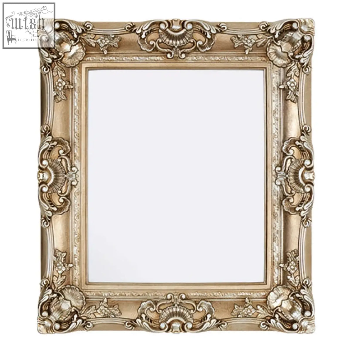 Antique-style adelere ornate wall mirror with silver-gold champagne finish and intricate scrollwork detailing