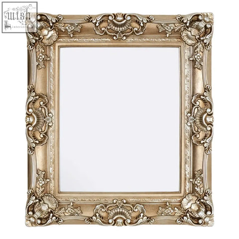 Antique-style adelere ornate wall mirror with silver-gold champagne finish and intricate scrollwork detailing