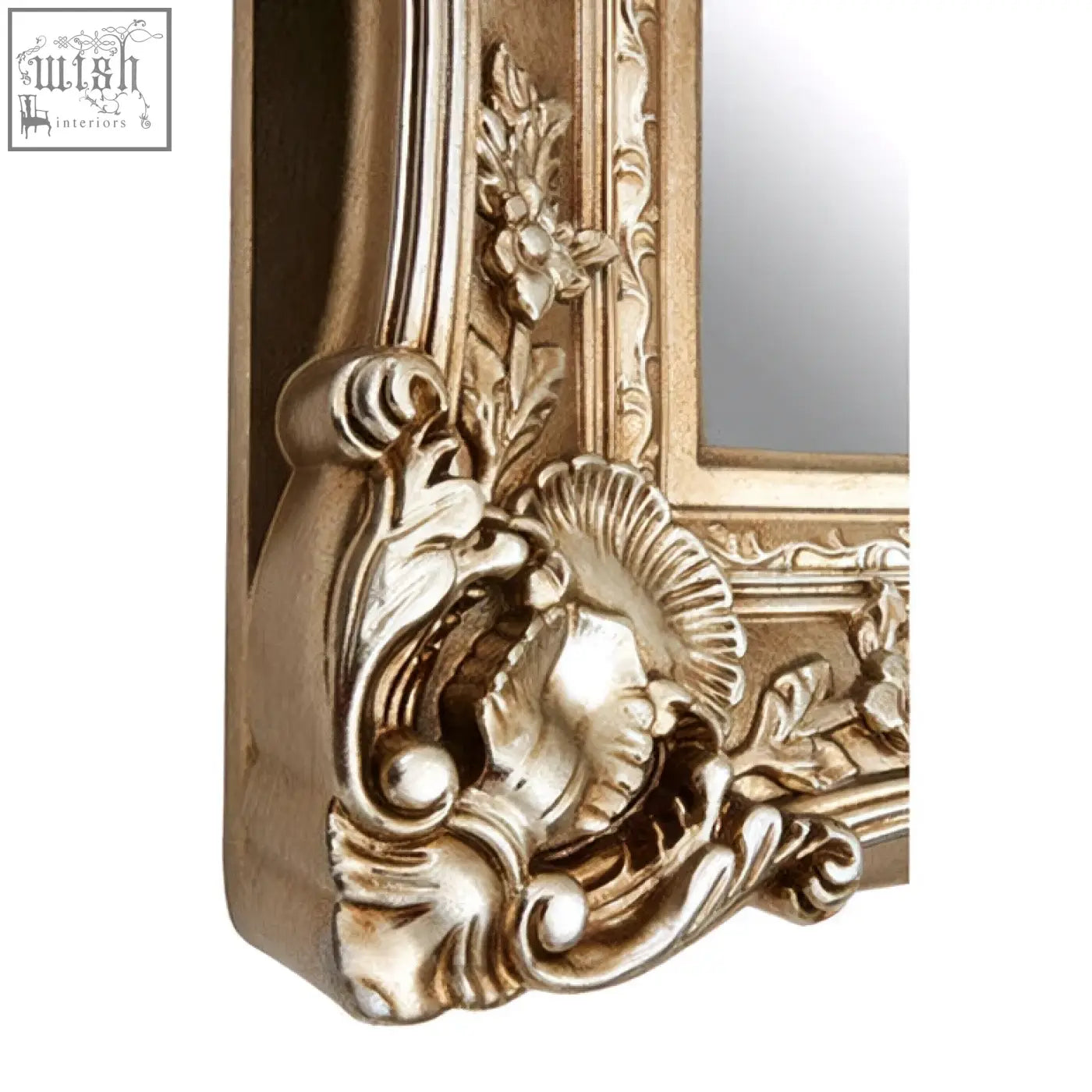 Adelere champagne finish ornate wall mirror with gold-toned intricate floral and scrollwork detailing on frame
