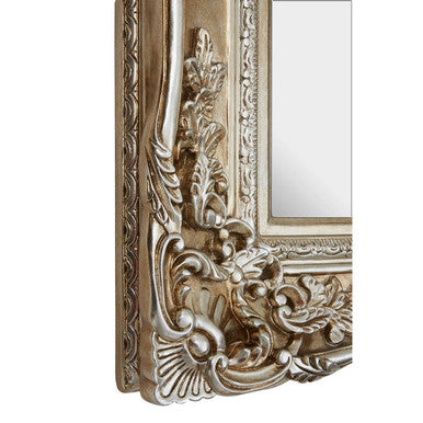 Silver ornate metallic foliage wall mirror frame with intricate floral and scrollwork detailing decorative wall mirror