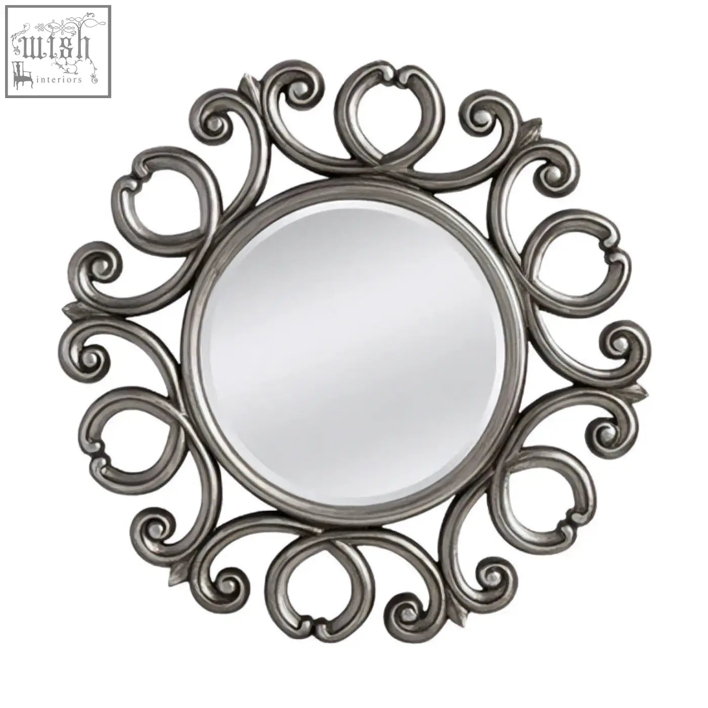 Adelere silver finish frame round wall mirror with ornate silver finish swirling metalwork frame