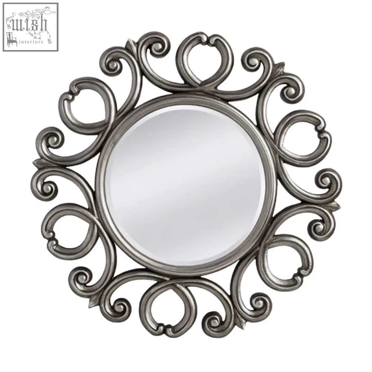 Adelere silver finish frame round wall mirror with ornate silver finish swirling metalwork frame