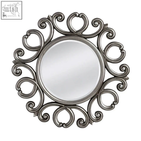Adelere silver finish frame round wall mirror with ornate silver finish swirling metalwork frame