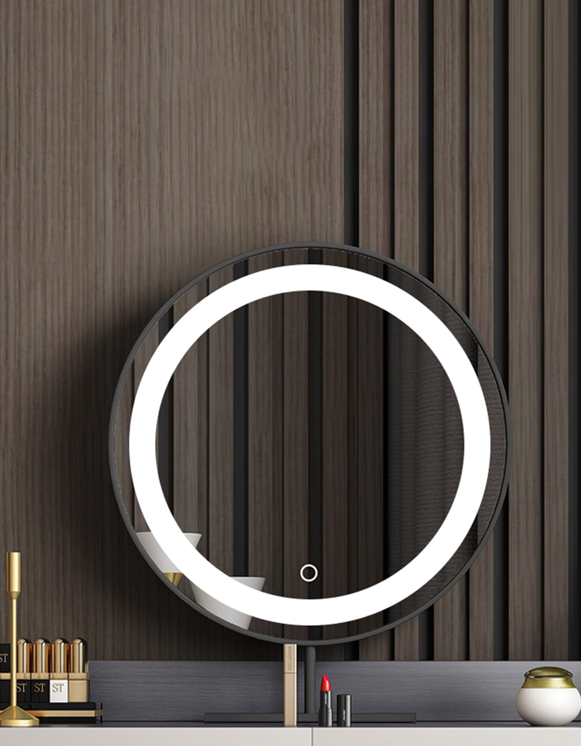 Circular vanity mirror with led ring light on gold stand in aden dressing table set for bright makeup lighting
