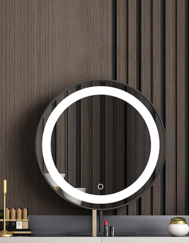 Circular vanity mirror with led ring light on gold stand in aden dressing table set for bright makeup lighting