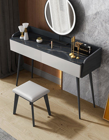 Modern black and white aden dressing table set with marble top sleek legs and integrated round mirror