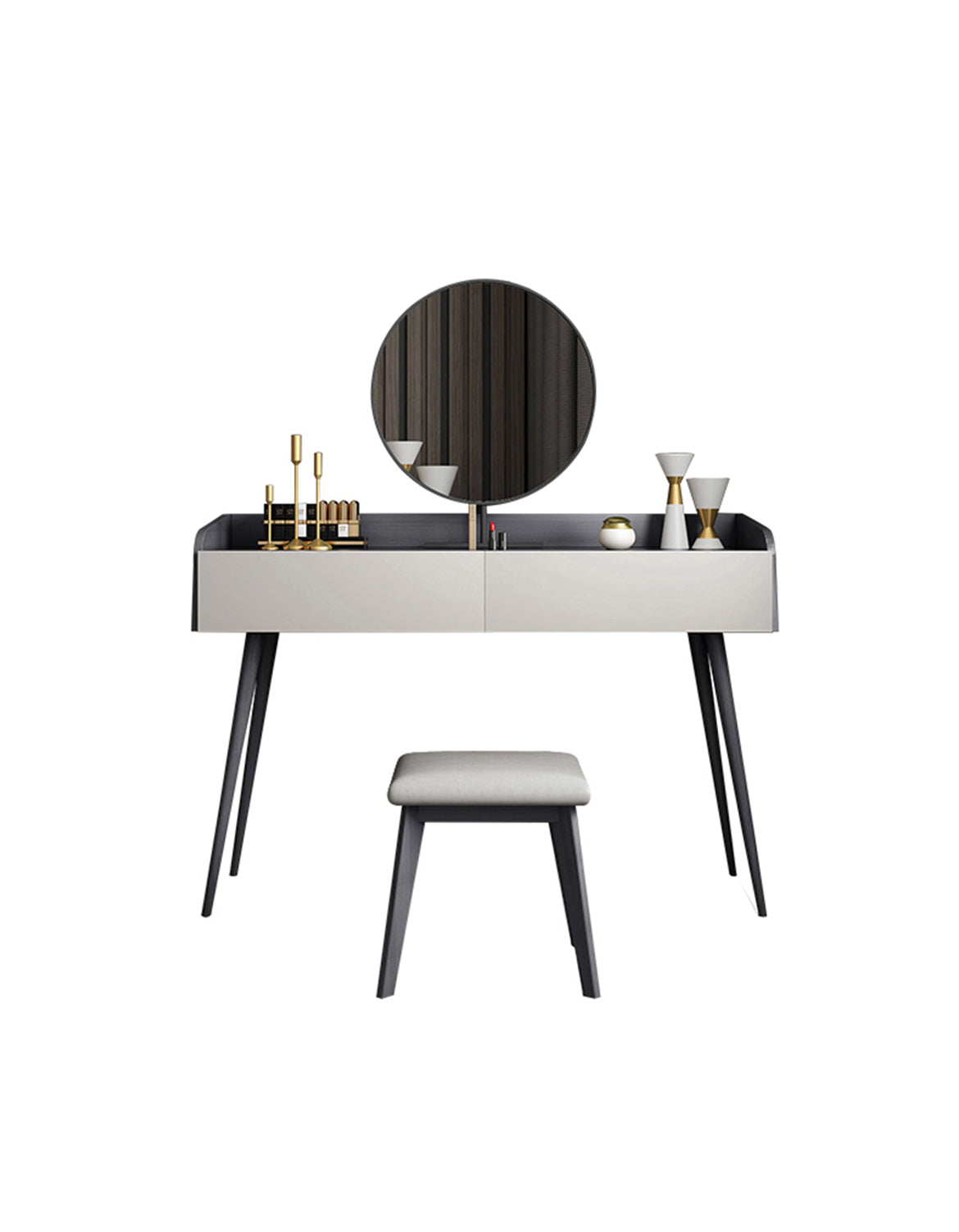 Modern minimalist aden dressing table set with sleek white top black legs and matching stool for stylish use