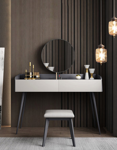 Modern white aden dressing table set with sleek black legs and round mirror mounted above for stylish use