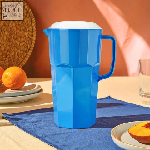 Bright blue adisa blue octagonal plastic pitcher with white twist lid and handle 2000ml capacity