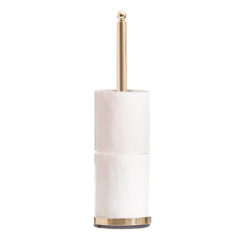 Adler gold finish toilet roll holder in gold finish with two white rolls stacked vertically for bathroom use