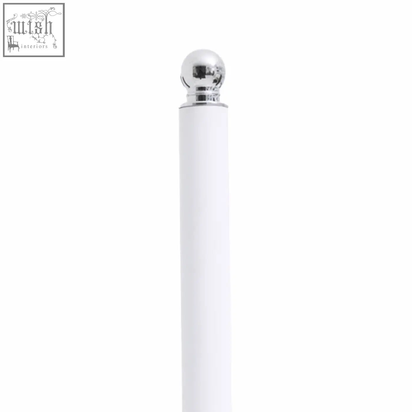 Adler white toilet roll holder with white cylindrical pole and polished silver spherical finial on top