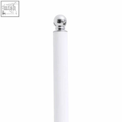 Adler white toilet roll holder with white cylindrical pole and polished silver spherical finial on top