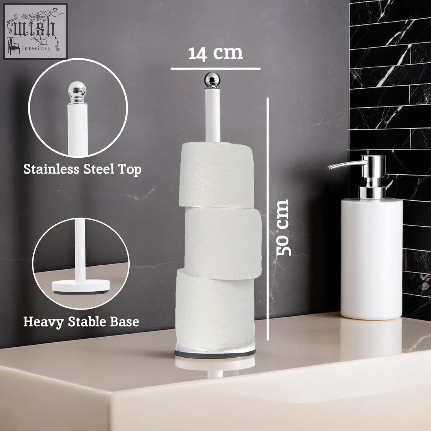 Adler white toilet roll holder with stainless steel top and heavy stable base for white toilet roll use