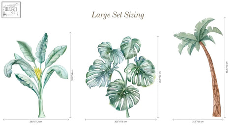 Set of three tropical safari wall decals with banana plant monstera leaves and palm tree for kids room decor