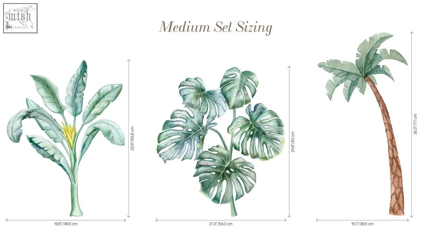 Set of three soft green tropical plant wall decals with banana plant monstera and palm for safari wall decals kids room