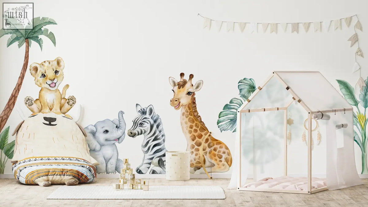 A charming white and beige childrens playhouse with wooden frame details paired with safari wall decals and african animals stickers