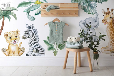 Mint green textured knit baby romper with button closures hanging on wooden hanger for kids room with safari wall decals and african animals stickers