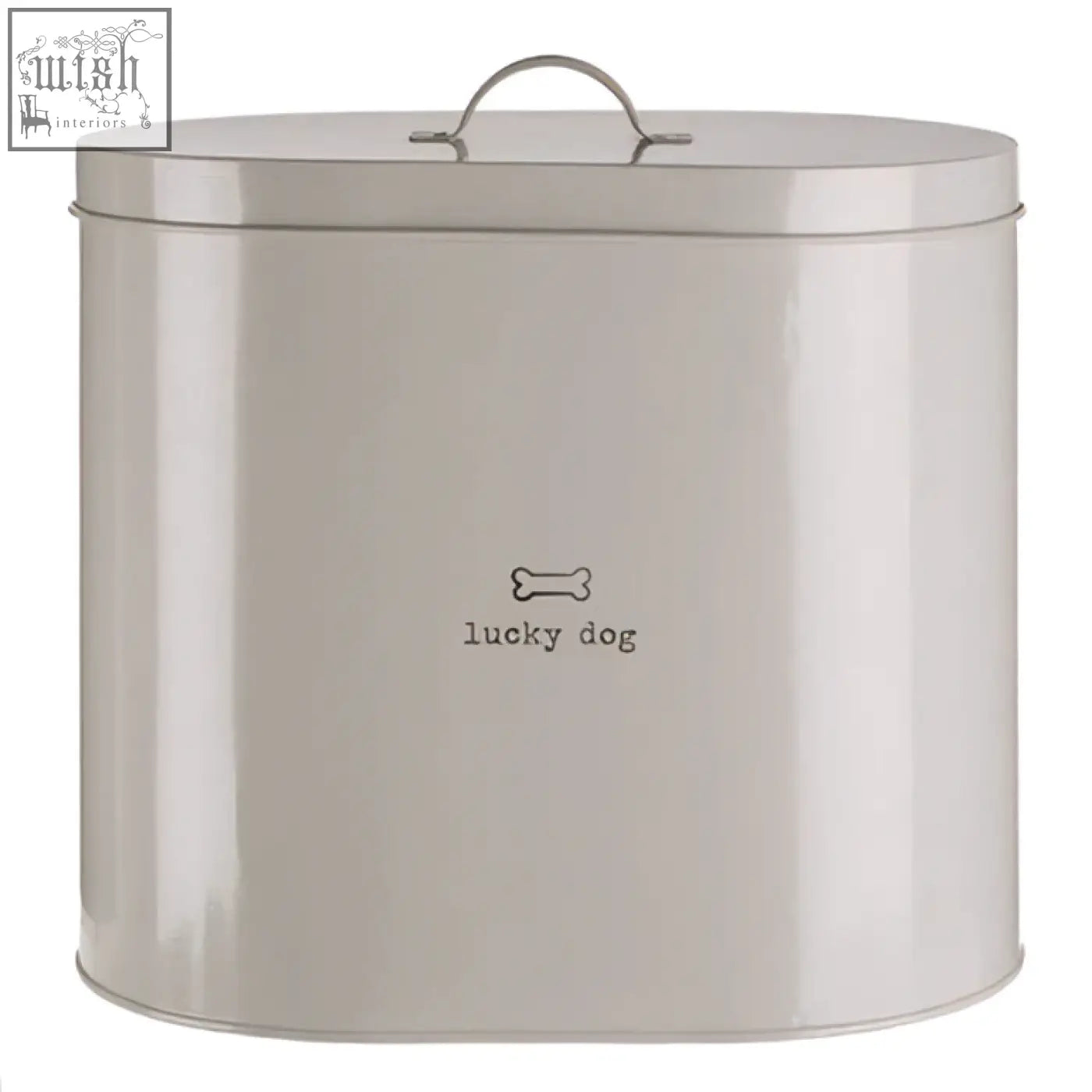 A sleek matte white metal lucky dog food storage bin with rounded lid handle and 12ltr capacity with scoop