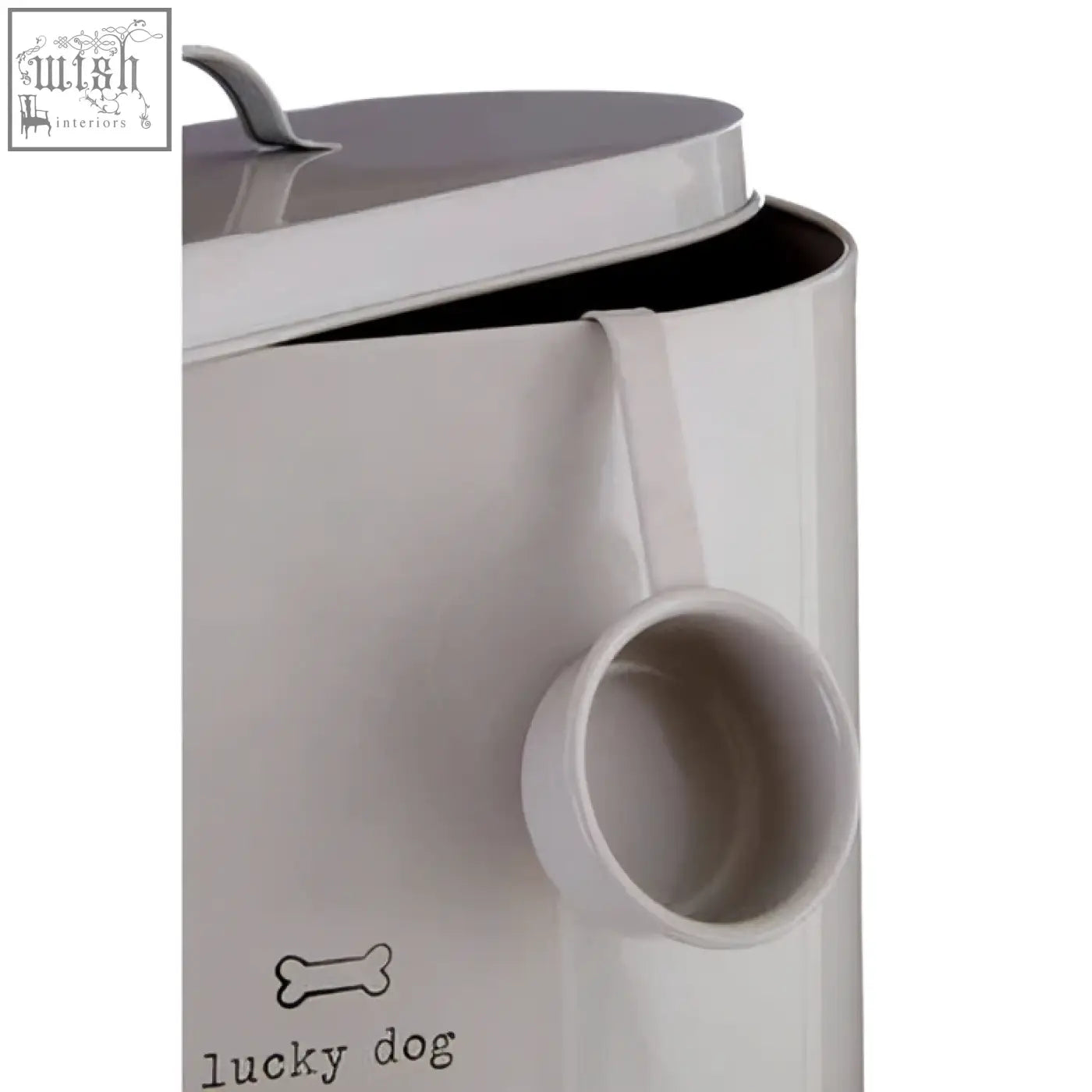 A sleek matte white ceramic canister with lid and scoop handle for adore pets lucky dog food storage bin 12ltr