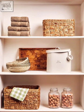 Woven wicker lucky dog food storage basket with green and white checkered cloth for adore pets 12ltr bin with scoop