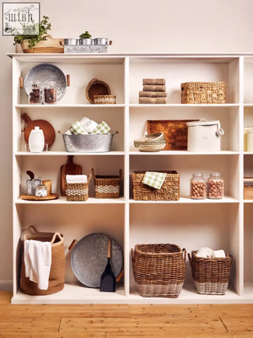 Woven wicker lucky dog food storage bin in natural tones with 12ltr capacity and scoop for dog food storage