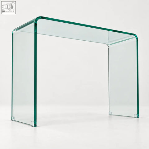 Adrienne 80cm clear glass console table with sleek modern design and green tinted edges perfect as a glass console table