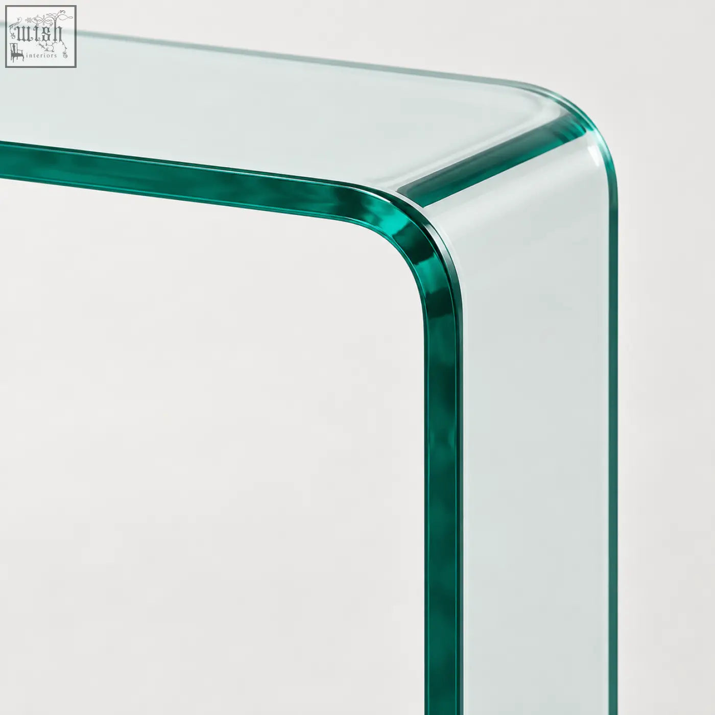 Adrienne 80cm clear glass console table with sleek transparent green tinted glass and curved waterfall design