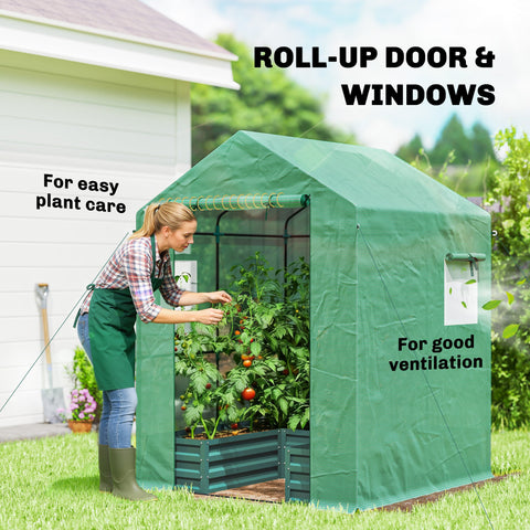Outsunny Small Greenhouse with Raised Garden Bed, Galvanised Walk-in Greenhouse with Roll Up Windows, 141 x 141 x 190 cm, Green