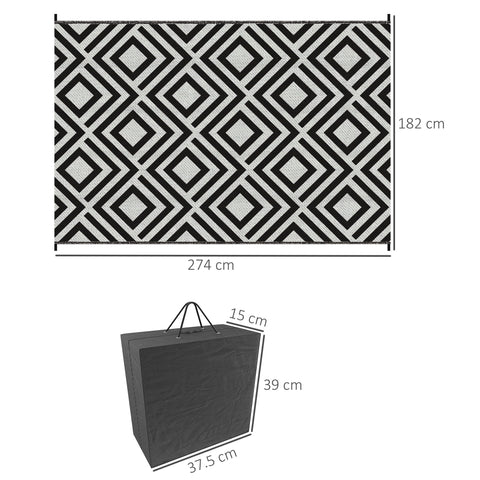 Outsunny Reversible Outdoor Rug, Plastic Straw Mat w/ Carry Bag Ground Stakes for Garden RV Picnic Beach Camping 182x274cm Black