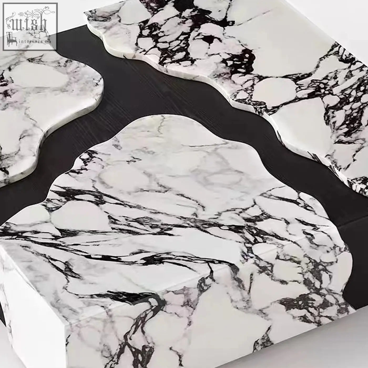 Aesop low coffee table square marble with black and white marble top and organic flowing edges coffee table