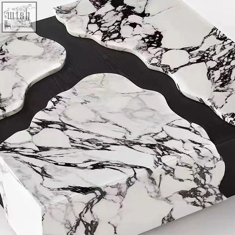 Aesop low coffee table square marble with black and white marble top and organic flowing edges coffee table