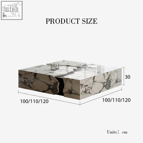 Modern rectangular coffee table with a white and gray abstract split marble top for a stylish square marble coffee table