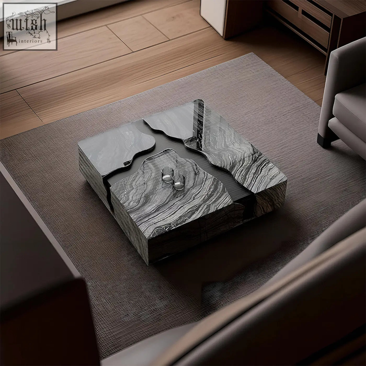 Aesop low coffee table square marble with a sleek dark gray marble coffee table top and an abstract river-like crack design