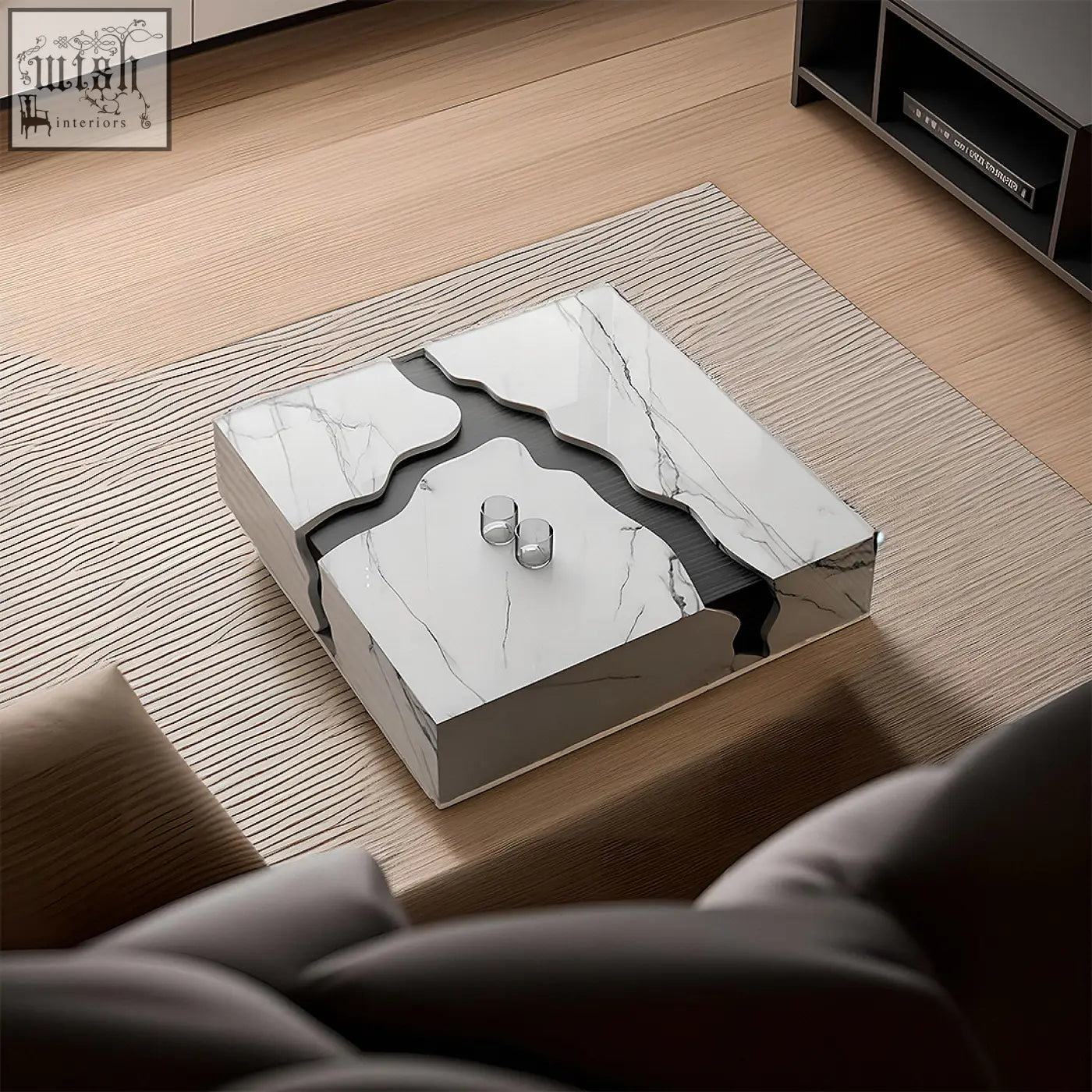 Aesop low coffee table square marble with white marble top black river design and metallic silver edges coffee table