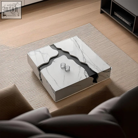 Aesop low coffee table square marble with white marble top black river design and metallic silver edges coffee table