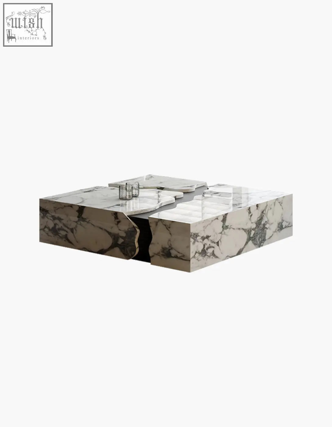 Aesop low coffee table is a modern square marble coffee table with white and gray tones and a unique split design