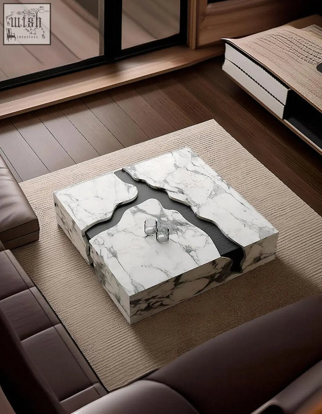 Aesop low coffee table square marble with white marble top and striking black river design perfect for stylish living rooms