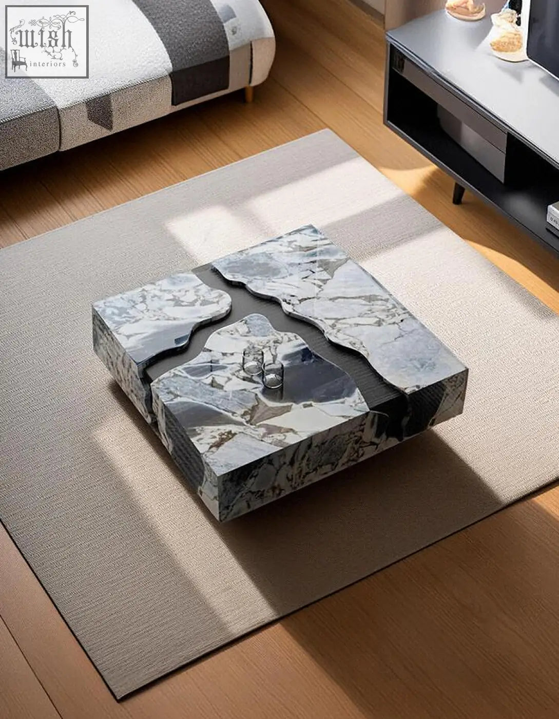 Aesop low coffee table square marble with a white and gray marble top featuring an abstract flowing design