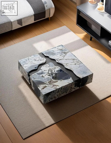 Aesop low coffee table square marble with a white and gray marble top featuring an abstract flowing design
