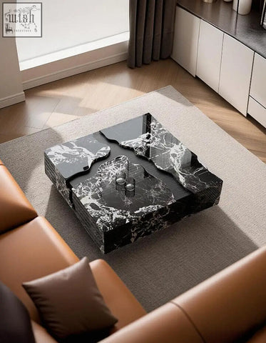Aesop low coffee table with square marble top featuring black and white glossy river-like design