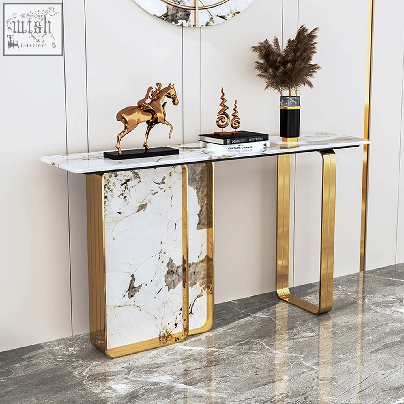 Aeta console table with white marble top and gold metal legs featuring vertical marble panels between legs