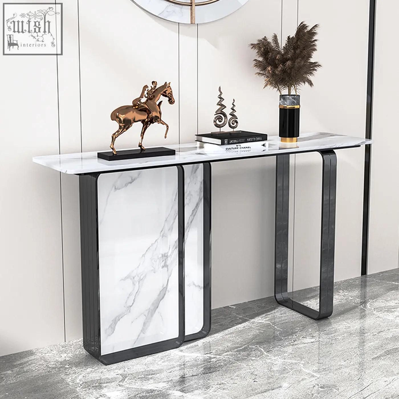 Modern aeta console table with white marble top and sleek black metal legs perfect for stylish entryways