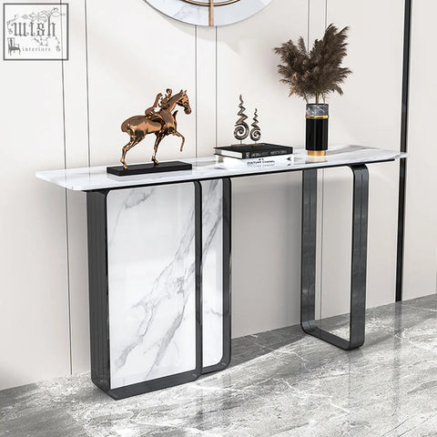 Modern aeta console table with white marble top and sleek black metal legs perfect for stylish entryways