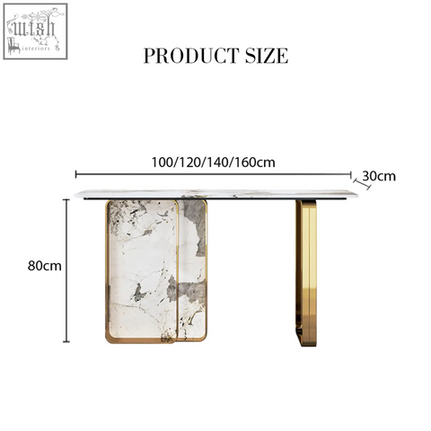 Modern aeta console table with white and gray marble stone top and gold metal frame measuring 100-160cm by 30cm